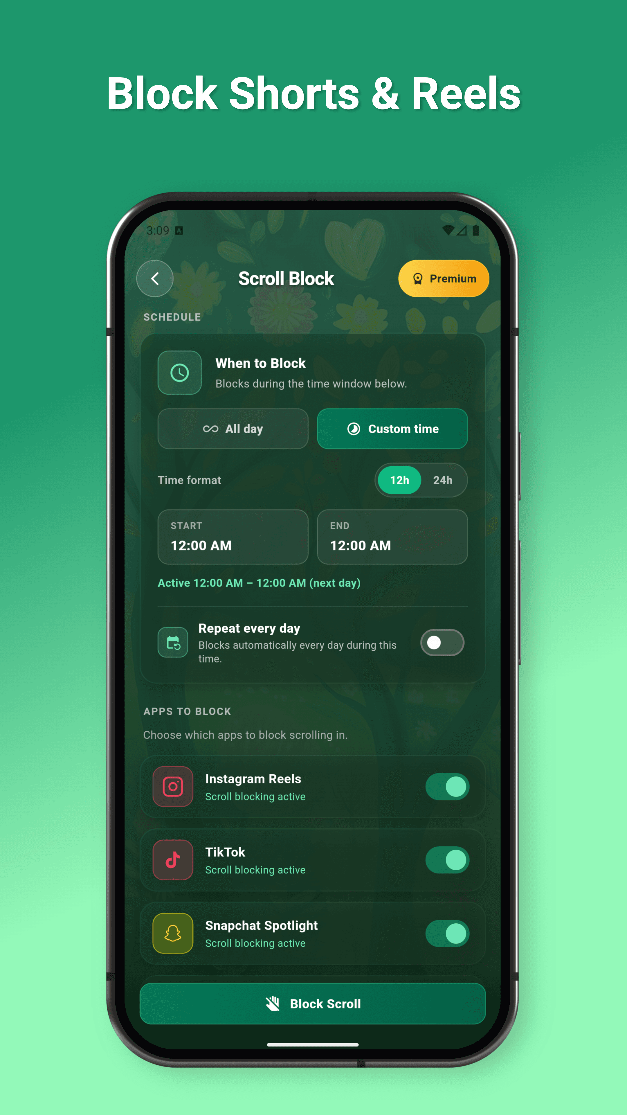 Scroll Block settings blocking Instagram Reels, TikTok and Snapchat Spotlight